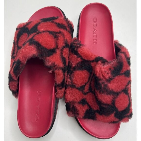 Coach Women's Khloe Slide Plush Shearling Sandals Raspberry Black Size 8.5 - Picture 3 of 11